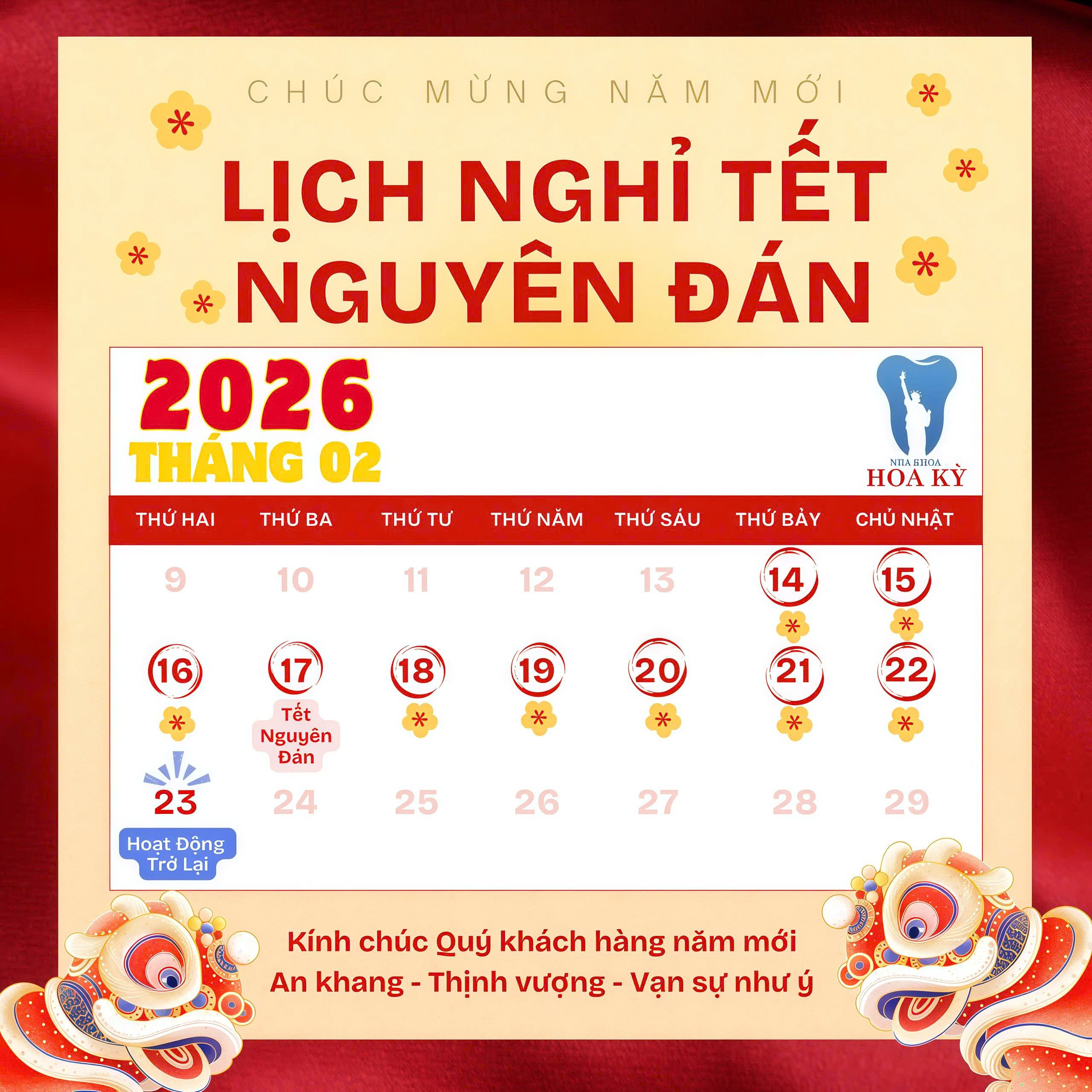 Nha Khoa Hoa Kỳ Thông Báo Lịch Nghỉ Tết Nguyên Đán 2026
